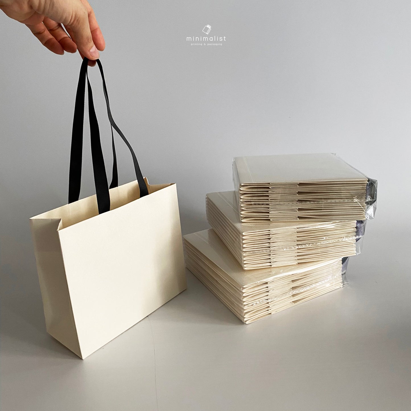 Set of 50 High-Quality White Kraft Paper Bags 17x15x7cm, Handmade Ribbon Handles