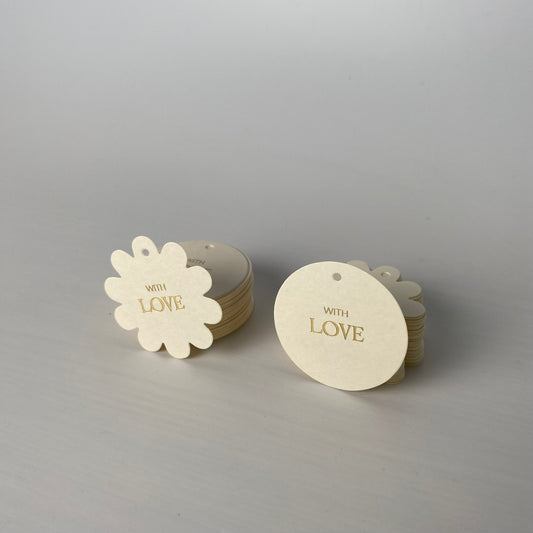 Set of 10-50 Kraft Paper Gift Tags with Ribbon – 5cm Round or Flower Shape, Hot-Foil “WITH LOVE” for Gift Bags