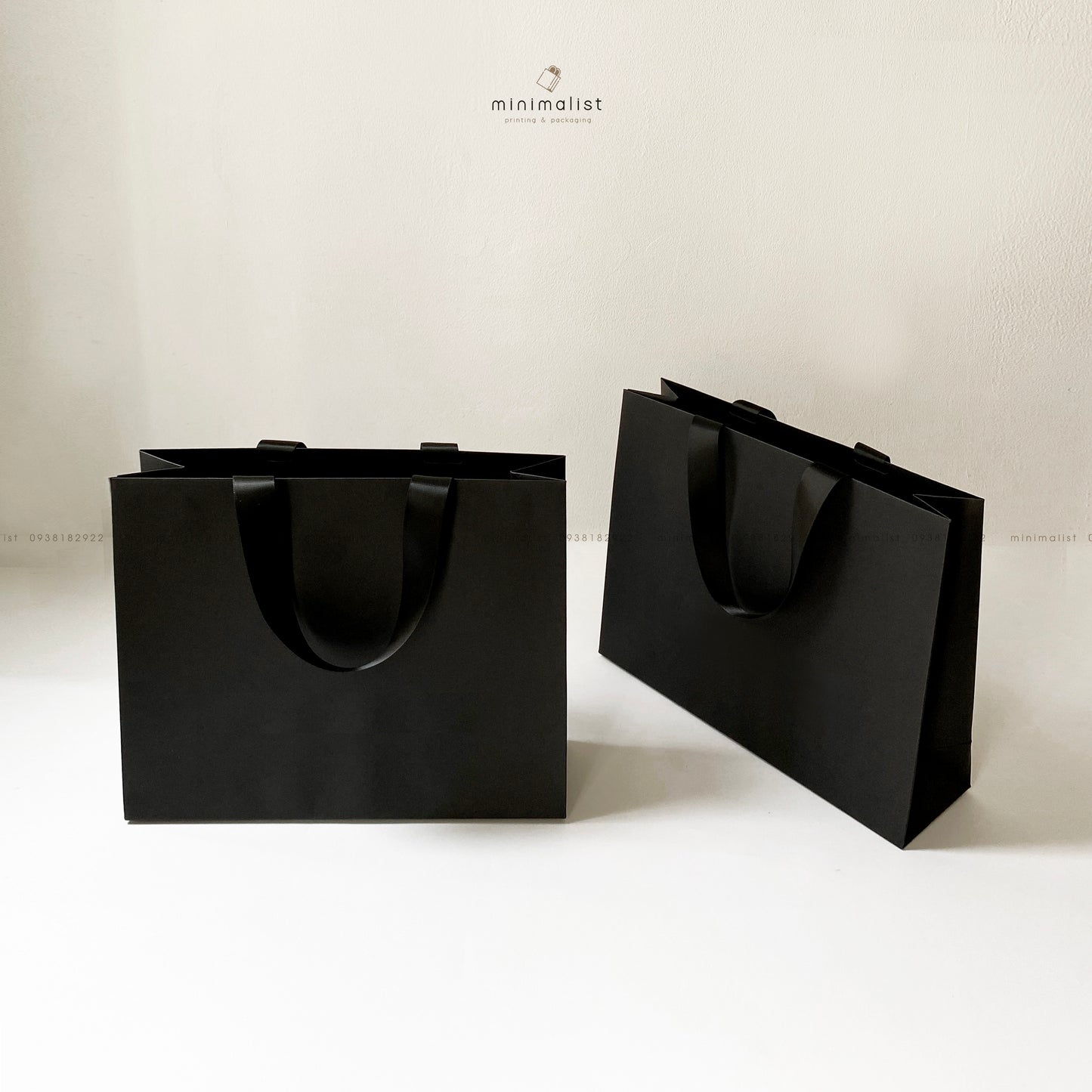 Set of 50 Premium Black Paper Bags (29.5x23x9cm) – Handcrafted Satin Ribbon Handles